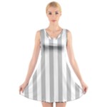 Vertical Stripes - White and Silver Gray V-Neck Sleeveless Dress