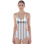 Vertical Stripes - White and Silver Gray Cut-Out One Piece Swimsuit