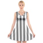Vertical Stripes - White and Gray V-Neck Sleeveless Dress