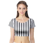 Vertical Stripes - White and Dark Gray Short Sleeve Crop Top (Tight Fit)