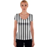 Vertical Stripes - White and Dark Gray Women s V-Neck Cap Sleeve Top