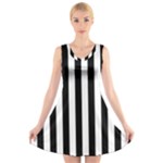 Vertical Stripes - White and Black V-Neck Sleeveless Dress