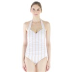 Vertical Stripes - White and Linen Women s Halter One Piece Swimsuit
