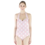 Polka Dots - White on Misty Rose Pink Women s Halter One Piece Swimsuit