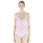 Polka Dots - White on Piggy Pink Women s Halter One Piece Swimsuit