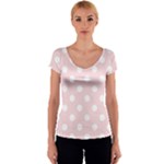 Polka Dots - White on Pale Pink Women s V-Neck Cap Sleeve Top