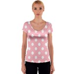 Polka Dots - White on Light Pink Women s V-Neck Cap Sleeve Top