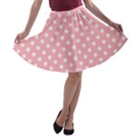 Polka Dots - White on Light Pink A-line Skater Skirt