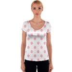 Polka Dots - Light Pink on White Women s V-Neck Cap Sleeve Top