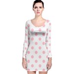 Polka Dots - Pink on White Long Sleeve Velvet Bodycon Dress
