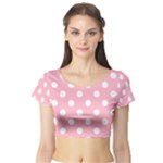 Polka Dots - White on Cherry Blossom Pink Short Sleeve Crop Top (Tight Fit)
