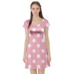 Polka Dots - White on Cherry Blossom Pink Short Sleeve Skater Dress
