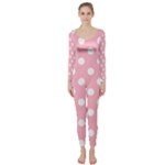 Polka Dots - White on Cherry Blossom Pink Long Sleeve Catsuit