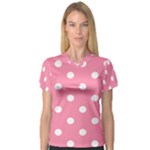 Polka Dots - White on Flamingo Pink Women s V-Neck Sport Mesh Tee