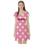 Polka Dots - White on Flamingo Pink Short Sleeve Skater Dress