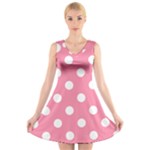 Polka Dots - White on Flamingo Pink V-Neck Sleeveless Dress