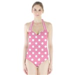 Polka Dots - White on Flamingo Pink Women s Halter One Piece Swimsuit