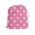 Polka Dots - White on Flamingo Pink Drawstring Pouch (XL)