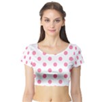 Polka Dots - Flamingo Pink on White Short Sleeve Crop Top (Tight Fit)