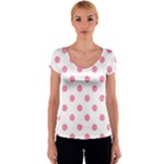 Polka Dots - Flamingo Pink on White Women s V-Neck Cap Sleeve Top