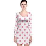 Polka Dots - Flamingo Pink on White Long Sleeve Velvet Bodycon Dress