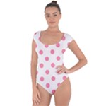 Polka Dots - Flamingo Pink on White Short Sleeve Leotard (Ladies)