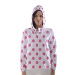 Polka Dots - Flamingo Pink on White Hooded Wind Breaker (Women)