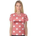 Polka Dots - White on Coral Pink Women s V-Neck Sport Mesh Tee