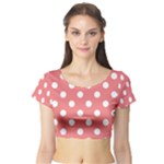 Polka Dots - White on Coral Pink Short Sleeve Crop Top (Tight Fit)