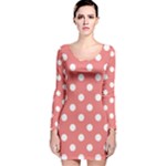 Polka Dots - White on Coral Pink Long Sleeve Velvet Bodycon Dress