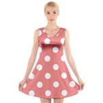 Polka Dots - White on Coral Pink V-Neck Sleeveless Dress