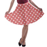 Polka Dots - White on Coral Pink A-line Skater Skirt