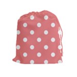 Polka Dots - White on Coral Pink Drawstring Pouch (XL)