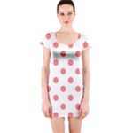 Polka Dots - Coral Pink on White Short Sleeve Bodycon Dress