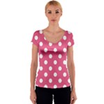 Polka Dots - White on Dark Pink Women s V-Neck Cap Sleeve Top