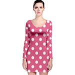 Polka Dots - White on Dark Pink Long Sleeve Velvet Bodycon Dress