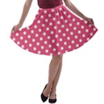 Polka Dots - White on Dark Pink A-line Skater Skirt