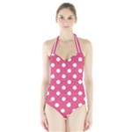 Polka Dots - White on Dark Pink Women s Halter One Piece Swimsuit