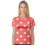 Polka Dots - White on Pastel Red Women s V-Neck Sport Mesh Tee