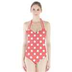Polka Dots - White on Pastel Red Women s Halter One Piece Swimsuit
