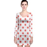 Polka Dots - Pastel Red on White Long Sleeve Bodycon Dress