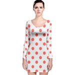 Polka Dots - Pastel Red on White Long Sleeve Velvet Bodycon Dress