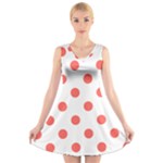 Polka Dots - Pastel Red on White V-Neck Sleeveless Dress