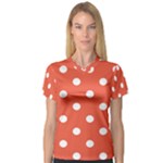 Polka Dots - White on Tomato Red Women s V-Neck Sport Mesh Tee