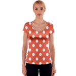 Polka Dots - White on Tomato Red Women s V-Neck Cap Sleeve Top