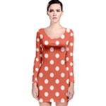 Polka Dots - White on Tomato Red Long Sleeve Velvet Bodycon Dress