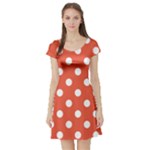 Polka Dots - White on Tomato Red Short Sleeve Skater Dress