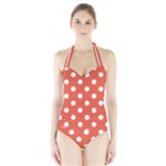 Polka Dots - White on Tomato Red Women s Halter One Piece Swimsuit