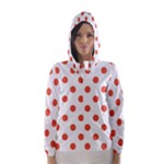 Polka Dots - Tomato Red on White Hooded Wind Breaker (Women)