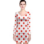 Polka Dots - Ferrari Red on White Long Sleeve Bodycon Dress
